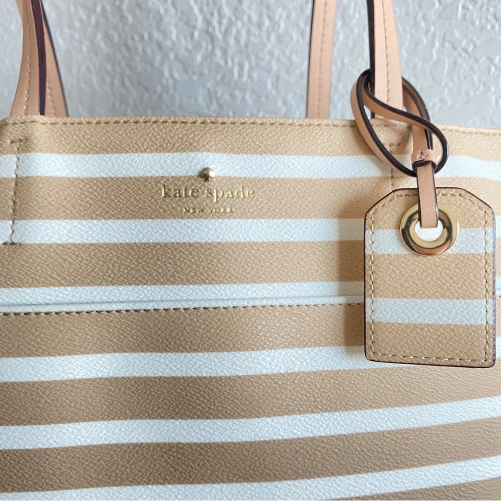 Kate Spade beige White Stripes Front Pocket Tote